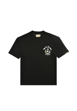 T-shirt nera a maniche corte con piccola grafica floreale e auto d'epoca sul petto sinistro, con la scritta "Par De Marques."