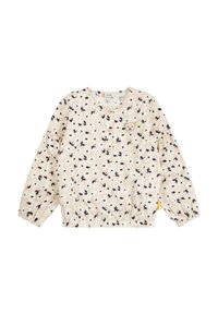 Helles rosa Langarmshirt mit floralem Muster in Dunkelblau. Mit Rundhalsausschnitt sowie elastischen Bündchen und Saum. Besticktes Bärenmotiv.