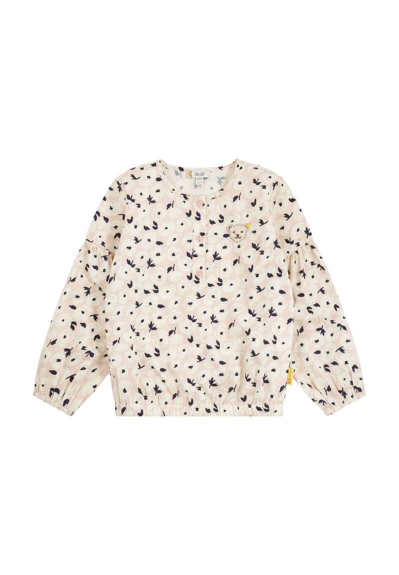 Helles rosa Langarmshirt mit floralem Muster in Dunkelblau. Mit Rundhalsausschnitt sowie elastischen Bündchen und Saum. Besticktes Bärenmotiv.