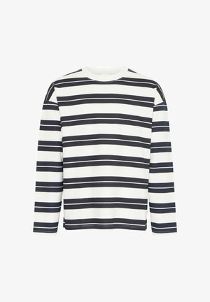 Hosszú ujjú, fehér ing, melyet sötétkék vízszintes csíkok díszítenek. Kereknyakú fazon, laza illeszkedéssel és egyenesen vágott aljjal. Sima szövettextúra.