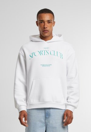 White hoodie with front pocket and ribbed cuffs, featuring light blue text: "ANOTHER SPORTS CLUB, VICTORY BOULEVARD, BROOKLYN, NY."