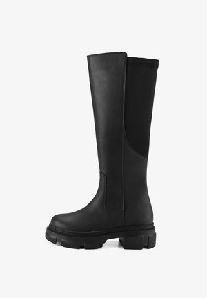 Schwarze kniehohe Stiefel aus glattem Leder mit dicker, strukturierter Sohle und seitlichem Einsatzelement für ein modernes Design.