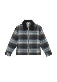 Patentuotas švarkas su mėlynos, pilkos ir žalios spalvų languotu raštu, su juodu aksomo apykakle ir priekiniais užtrauktukais. Minkšta, tekstūruota medžiaga.