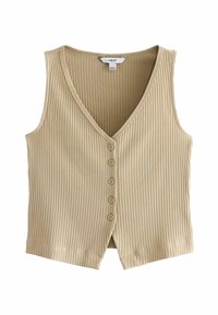 Top sin mangas de canalé beige con escote en V, que cuenta con seis botones frontales y un dobladillo corto. La tela tiene una apariencia lisa y texturada.