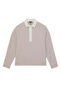 Sweatshirt leggero beige chiaro con colletto bianco, maniche raglan e un breve pattina. Presenta un tessuto morbido e testurizzato.