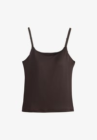 Camiseta sin mangas de color marrón oscuro con tirantes finos ajustables, tejido liso y dobladillo recto.