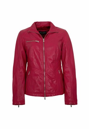 Rote Lederjacke mit Frontreißverschluss, Reißverschlusstasche auf der Brust, zwei seitlichen Reißverschlusstaschen und Reißverschlussdetails an den Ärmeln.