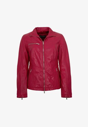 Rote Lederjacke mit Frontreißverschluss, Reißverschlusstasche auf der Brust, zwei seitlichen Reißverschlusstaschen und Reißverschlussdetails an den Ärmeln.