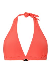 Koraal kleurige bikini top met een driehoekige vorm, halternek met strikdesign en een sluiting aan de achterkant. Gemaakt van gladde, rekbare stof.