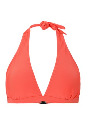 Korallinvärinen bikinitoppi, jossa on kolmion muotoinen muoto, kaulakujan solmittava malli ja takana klipsi. Valmistettu sileästä, venyvästä kankaasta.