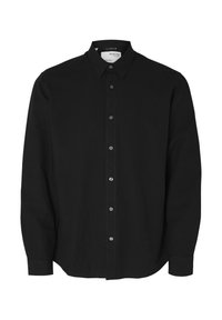 Camicia nera a maniche lunghe con bottoni realizzata in lino, caratterizzata da un colletto classico, patta anteriore con sei bottoni e orlo dritto con aperture laterali.