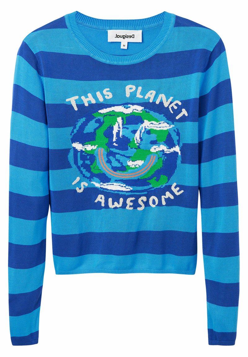Suéter de punto azul con rayas horizontales que presenta un gráfico de la Tierra y el texto "¡Este planeta es asombroso!" en blanco.