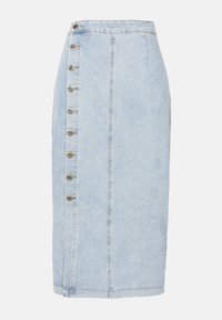 Lyseblå denim blyantskjørt med høy midje, med en rad av metallknapper langs siden og en ren søm.