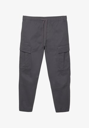 Grå cargo bukser med elastisk talje og snøre. Har flere sidelommer og tætsiddende ben for et slankt look.
