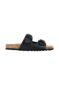 Zwarte slidesandalen met twee verstelbare gespen, kurken voetbed en een getextureerde rubberen buitenzool. Eenvoudig ontwerp met een vlak profiel.