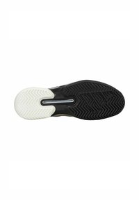 Suola di scarpa sportiva in bianco e nero con un motivo in gomma testurizzata, accenti laterali bianchi a contrasto e una scanalatura centrale per flessibilità.