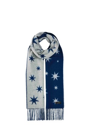 Soft wool scarf with alternating light gray and dark blue sections, decorated with large star patterns and fringed ends.