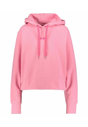 Roze cropped hoodie met lange mouwen, capuchon met trekkoord en klein reliëflogo op de borst.