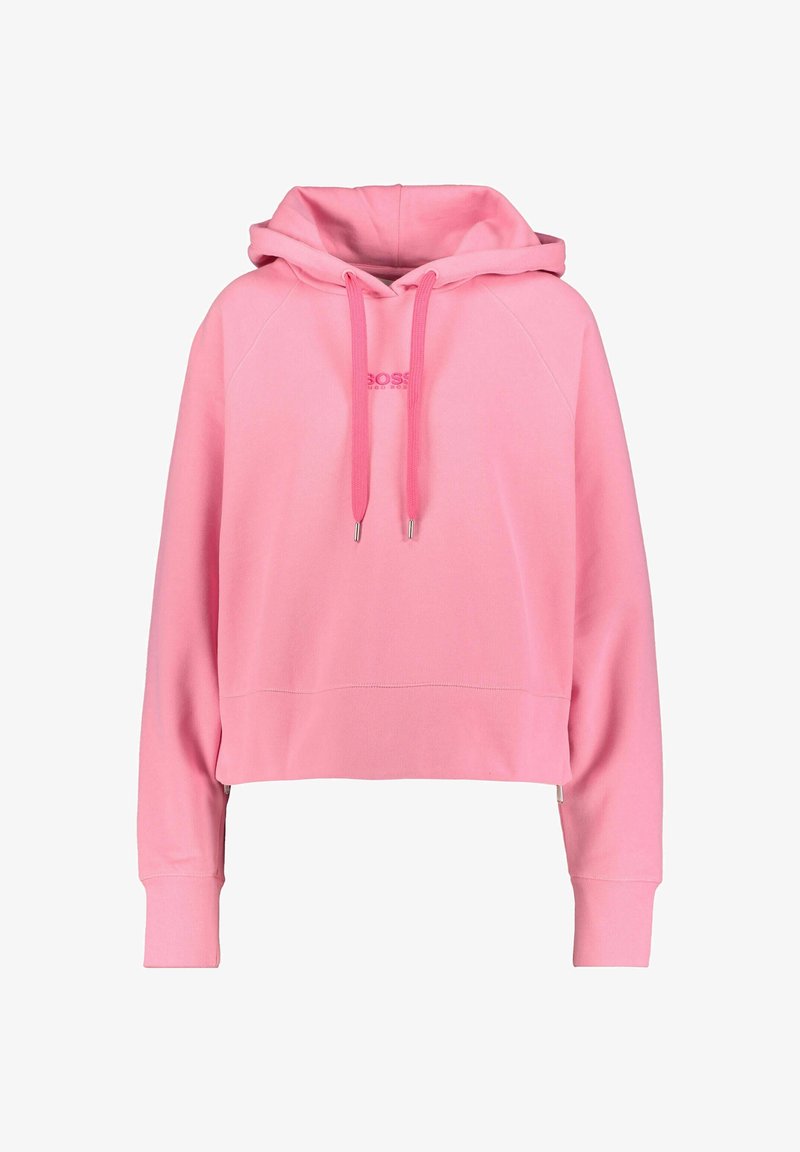 Hoodie rose raccourci à manches longues, capuche avec cordon de serrage et petit logo embossé sur la poitrine.