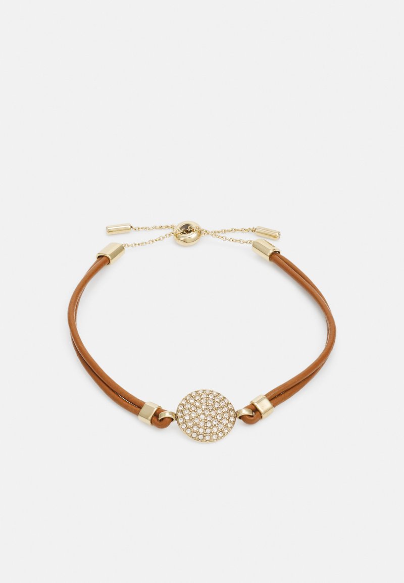 Brown leather bracelet with a circular gold medallion featuring clear rhinestones, accented by gold-tone hardware and adjustable chain.