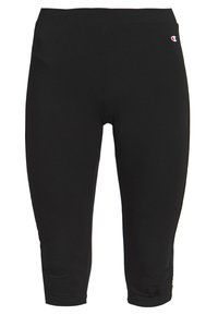 Svarta capri-leggings gjorda av slät, elastisk tyg. Har ett elastiskt midjeband och en liten logotyp nära vänster höft. Inga ytterligare mönster.
