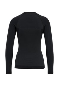 Zwart aansluitend shirt met lange mouwen, met gestructureerde gebreide stof op schouders en mouwen, gladde stof op de achterkant, een ronde halslijn en geen zichtbare sluitingen.