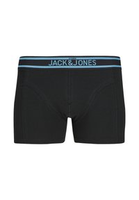 Boxer-briefs noirs avec une ceinture accentuée de bleu portant la marque "JACK & JONES". Texture lisse avec un design ajusté et des coutures contrastantes.