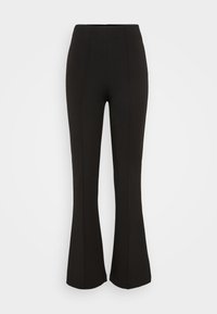 Svarta utsvängda byxor med hög midja, tillverkade av ett slätt tyg. Har vertikala sömmar fram och en figurnära silhuett.