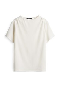 White short-sleeve t-shirt made of soft fabric with a rounded neckline and pleated detailing at the shoulders.