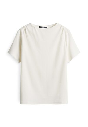 White short-sleeve t-shirt made of soft fabric with a rounded neckline and pleated detailing at the shoulders.