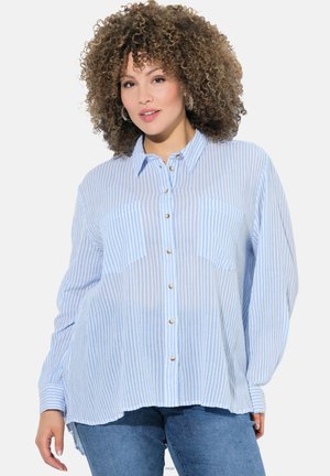 Camisa de botones a rayas azul y blanca con mangas largas, que presenta dos bolsillos en el pecho y botones parecidos a perlas. Textura de tela suave.