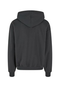 Sweat à capuche noir à manches longues avec poignets et ourlet côtelés, vu de dos, avec un design épuré et capuche attachée.