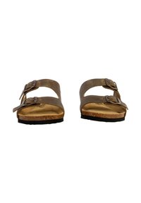 Sandales en cuir marron avec deux sangles à boucle réglables, une semelle en liège profilée et une semelle en caoutchouc noir texturé.