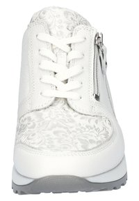 White leather sneaker with textured floral pattern on the upper, round toe, lace-up front, and side zipper detail. Flat rubber sole.