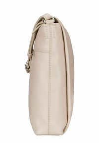 Beige leather crossbody bag with a smooth texture, zip closure, and an adjustable strap showing a sleek, rectangular shape.