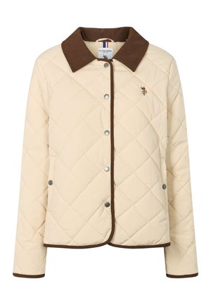 Jachetă ușoară bej, matlasată, cu guler din catifea maro, nasturi cu capse și un mic logo brodat pe pieptul stâng.