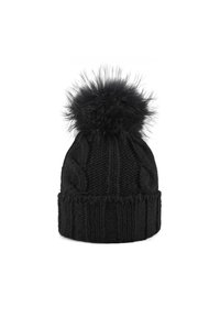 Beanie nero in maglia con motivo a treccia, dotato di un morbido pom-pom nero sulla parte superiore e di un'ampia fascia a coste per una vestibilità sicura.