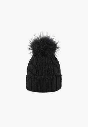 Beanie nero in maglia con motivo a treccia, dotato di un morbido pom-pom nero sulla parte superiore e di un'ampia fascia a coste per una vestibilità sicura.