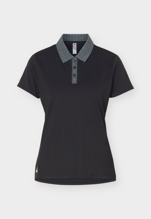 Čierna polokošeľa s krátkym rukávom, sivým kockovaným golierom a trojkoľíkovou légou na gombíky, priliehavý strih.