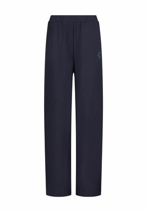 Pantalones de pierna ancha en azul marino con cintura elástica y detalles sutiles de costuras, con un pequeño logo bordado en el muslo derecho.