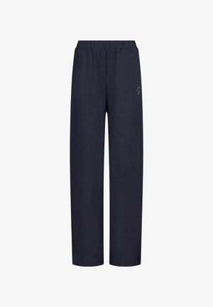 Pantalones de pierna ancha en azul marino con cintura elástica y detalles sutiles de costuras, con un pequeño logo bordado en el muslo derecho.