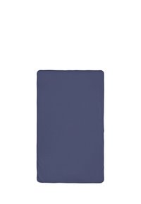 Cuscino rettangolare blu con una superficie in tessuto liscia. Angoli arrotondati e profilo piatto, progettato per il comfort e il supporto.