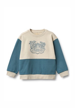 Felpa a manica lunga per bambini beige e blu con disegno di palma e sole e testo "WHEAT" sulla parte frontale.