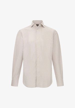 Chemise à manches longues rayée avec des lignes blanches et beiges alternées, col classique, patte de boutonnage à l'avant et ourlet arrondi.