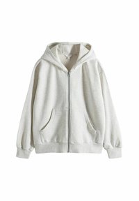 Hellgraue Zip-Hoodie mit lockerer Passform, großen Fronttaschen, einer Kapuze mit Zugband und gerippten Bündchen, aus weichem Stoff.