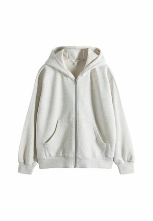 Hellgraue Zip-Hoodie mit lockerer Passform, großen Fronttaschen, einer Kapuze mit Zugband und gerippten Bündchen, aus weichem Stoff.
