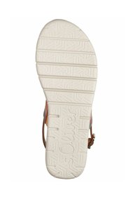 Sandalo multicolore con una strap marrone, caratterizzato da una suola bianca strutturata con un motivo a zigzag e un marchio impresso. Design flat slide.