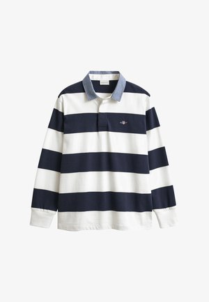 Marineblaue und weiße gestreifte Poloshirt mit langen Ärmeln, denimähnlichem Kragen und besticktem Logo auf der Brust. Glattes Baumwollmaterial.