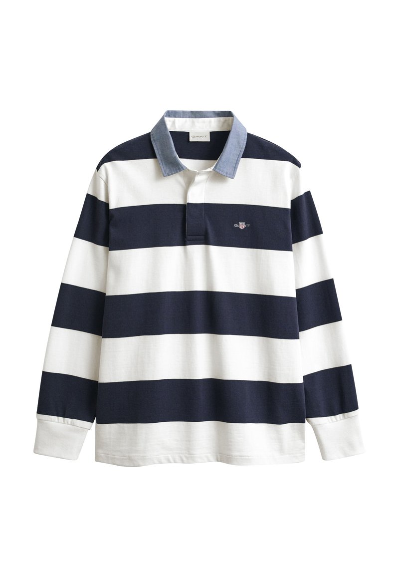Marineblaue und weiße gestreifte Poloshirt mit langen Ärmeln, denimähnlichem Kragen und besticktem Logo auf der Brust. Glattes Baumwollmaterial.