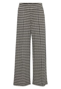 Pantalons à jambes larges en motif carreaux noir et beige, avec une taille élastique et une texture de tissu douce.